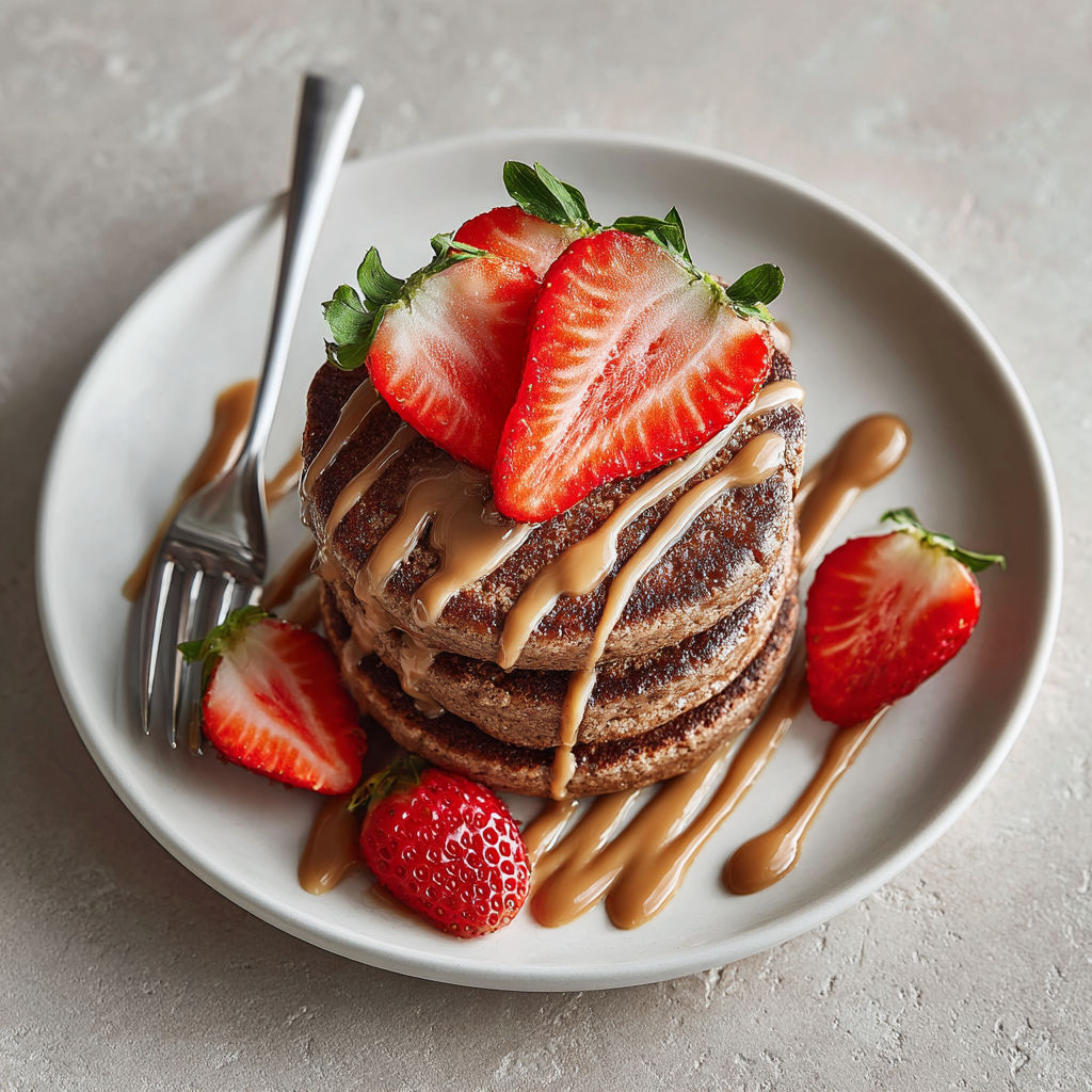 A plate of banana chocolate pancakes with strawberries on top.