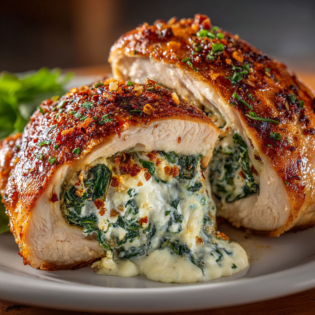 A plate of chicken with spinach and feta cheese.