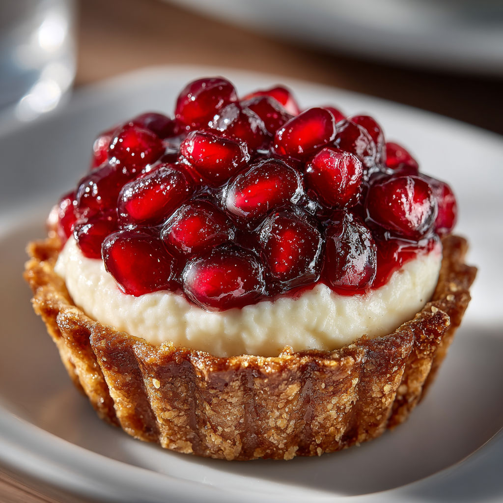 A small pastry with a cream filling and topped with pomegranate seeds.
