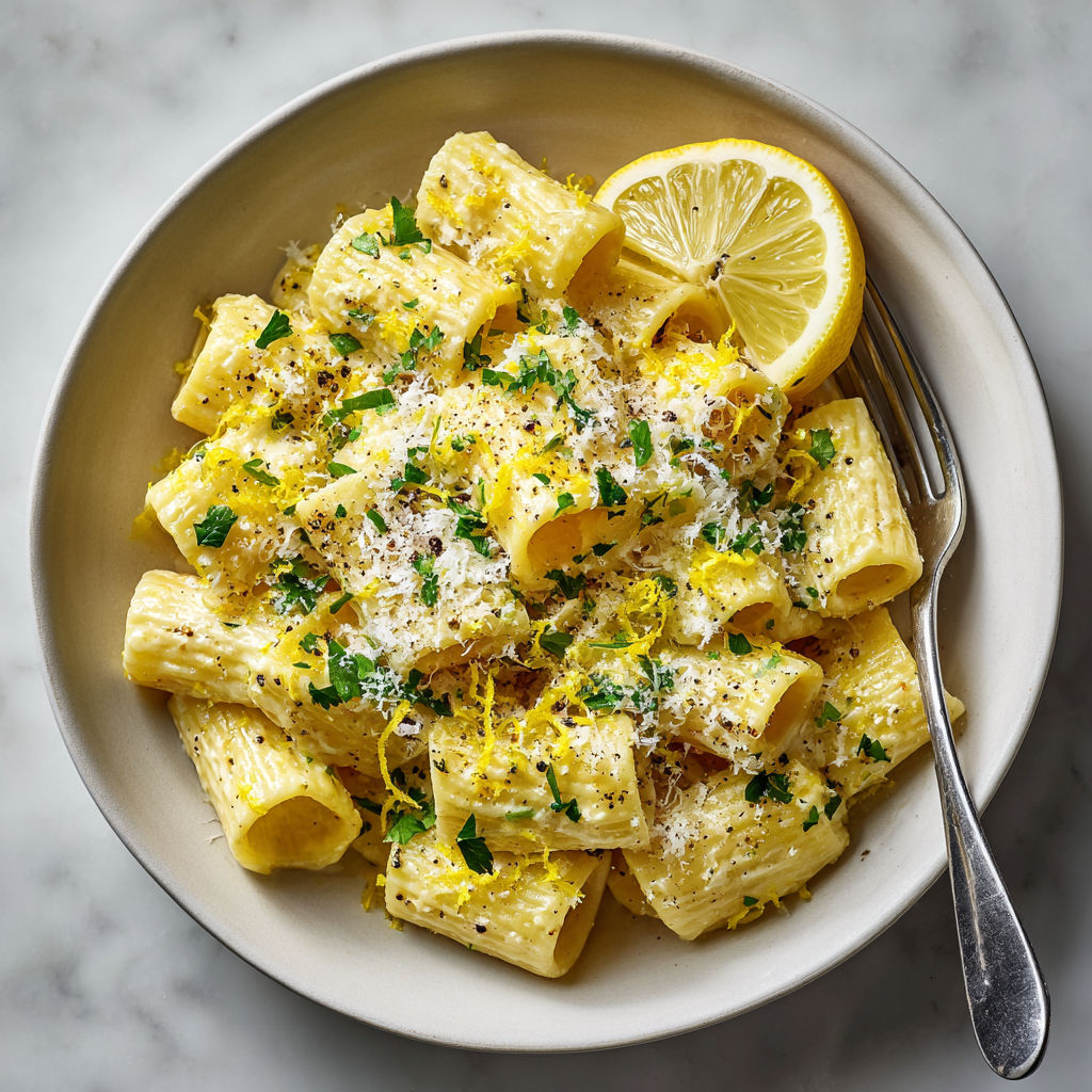A bowl of pasta with lemon wedges on top.