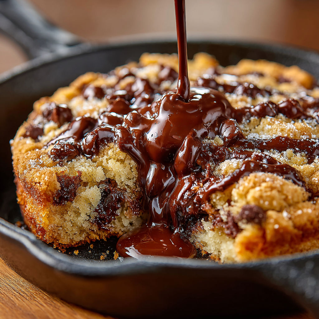 A skillet with chocolate chip cookies.