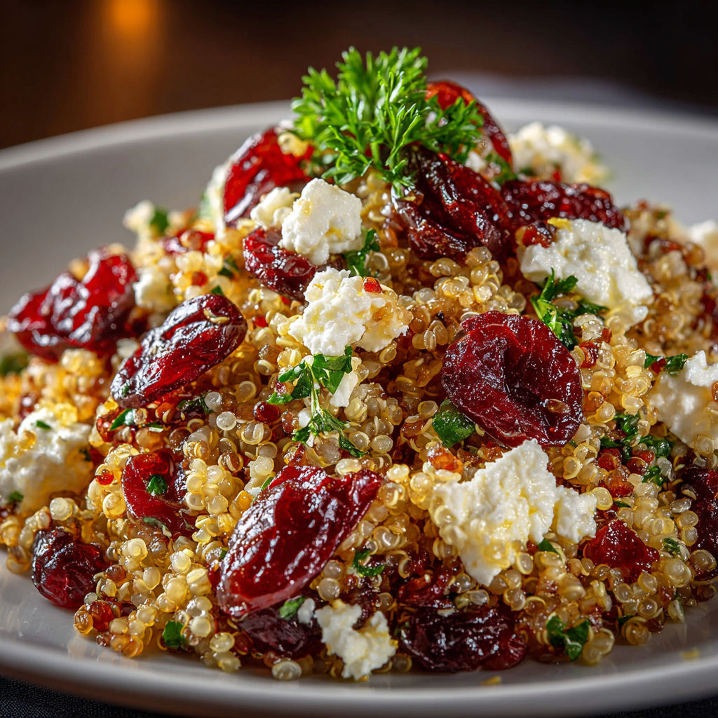 A plate of quinoa salad with feta and cranberries.