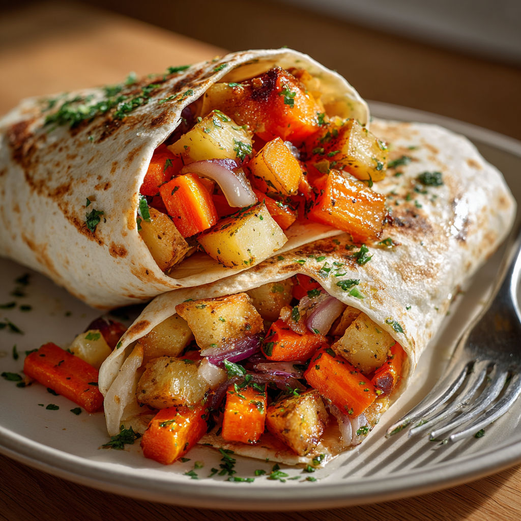 A plate of roasted vegetable wraps.
