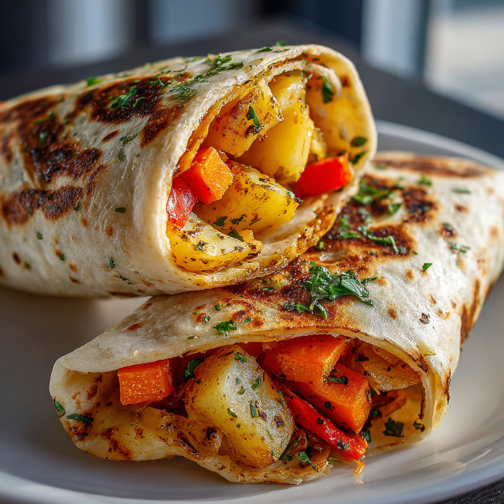 Two wraps filled with roasted vegetables.