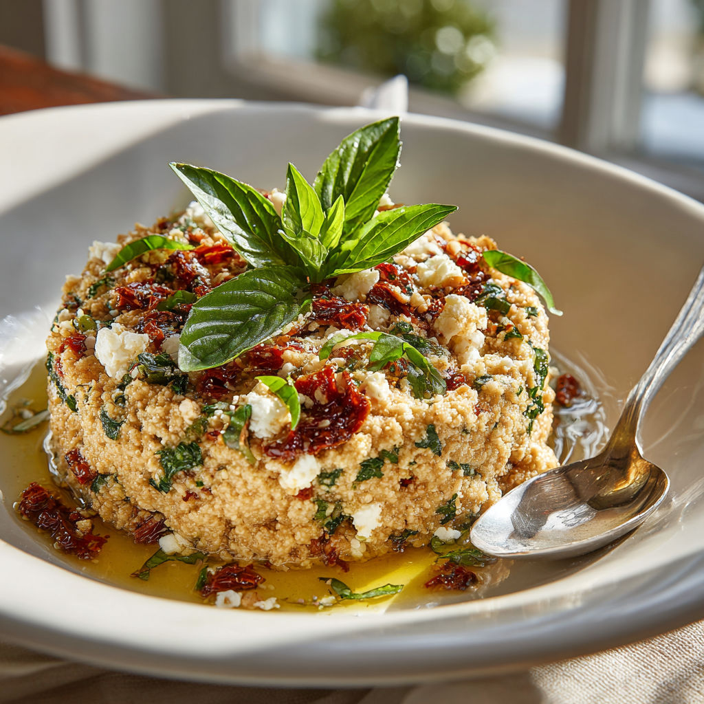 A bowl of sun-dried tomato and feta pesto.