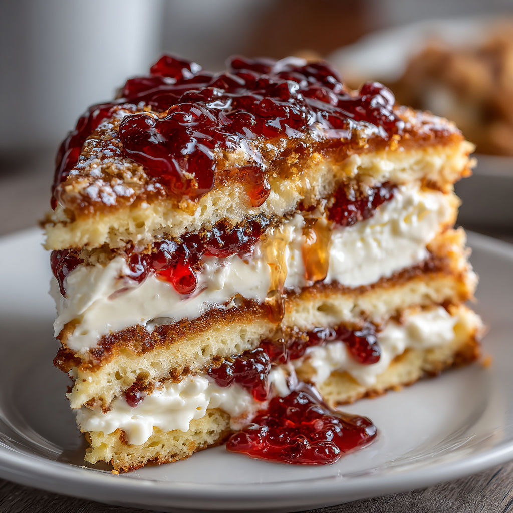 A slice of cake with white frosting and red jam.