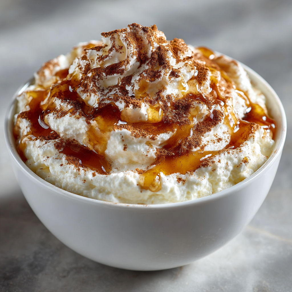 A bowl of creamy dessert with a dollop of whipped cream and a drizzle of honey.