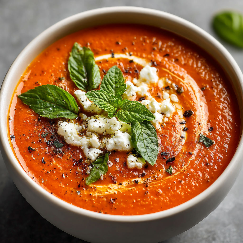 A bowl of soup with mint leaves on top.
