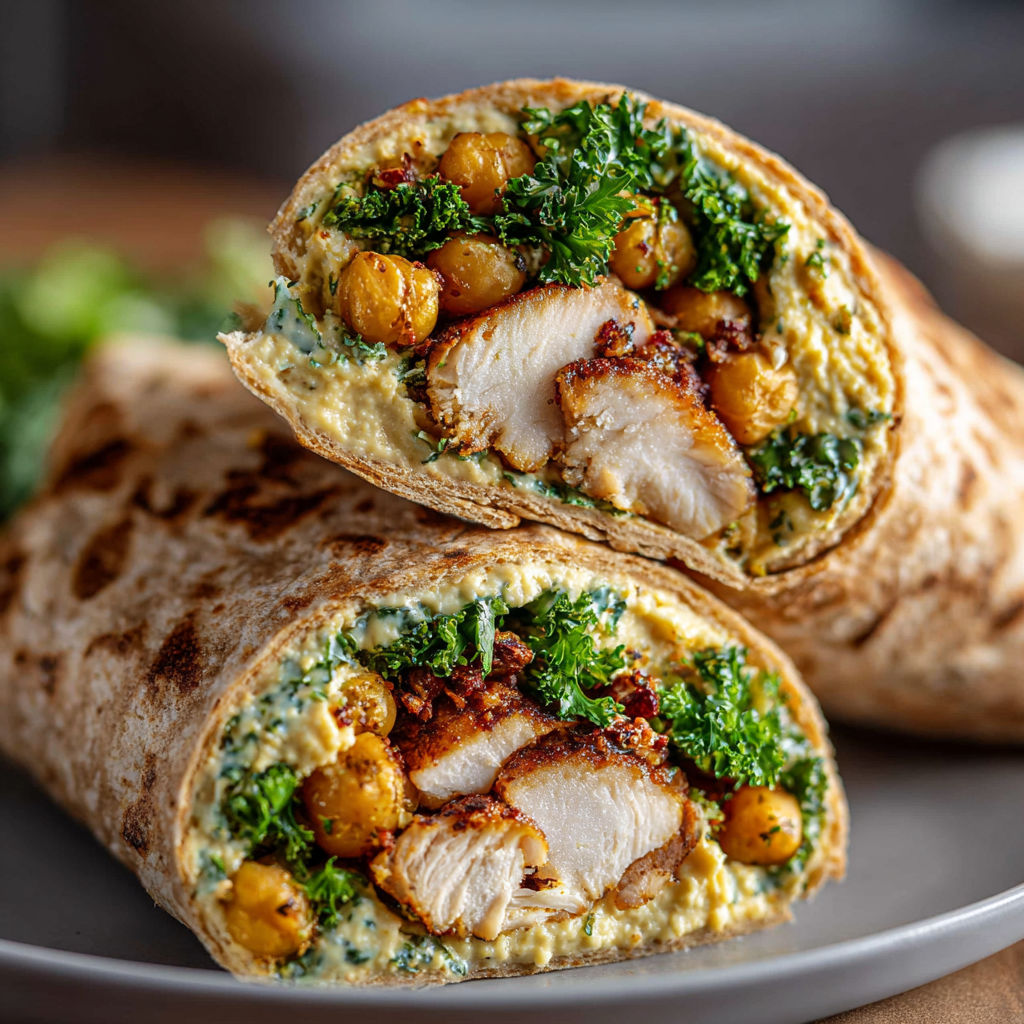 A plate with two chicken, chickpea and hummus wraps.