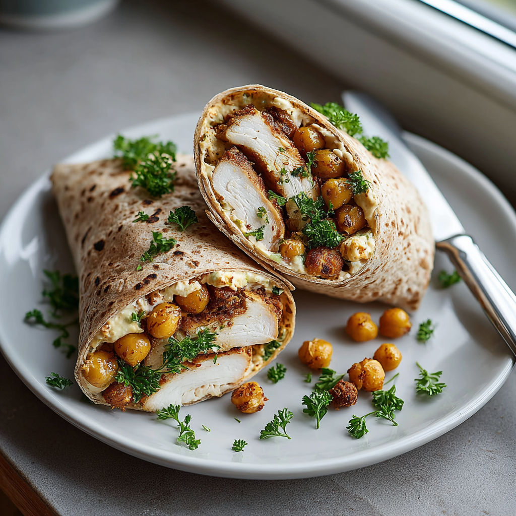 A plate of food with a wrap and a fork.