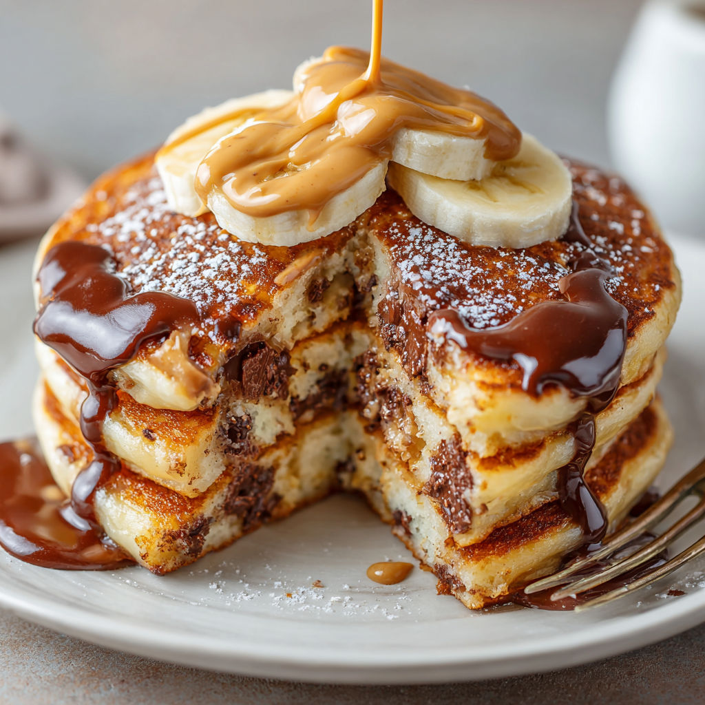 A stack of pancakes with peanut butter and chocolate.