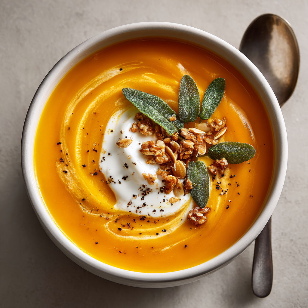 A bowl of soup with a spoon in it.