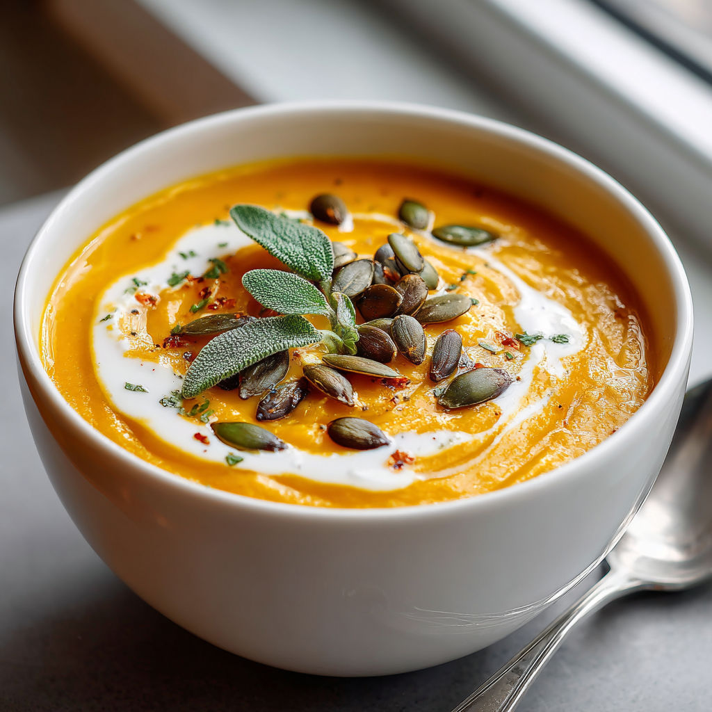 A bowl of soup with a spoon in it.