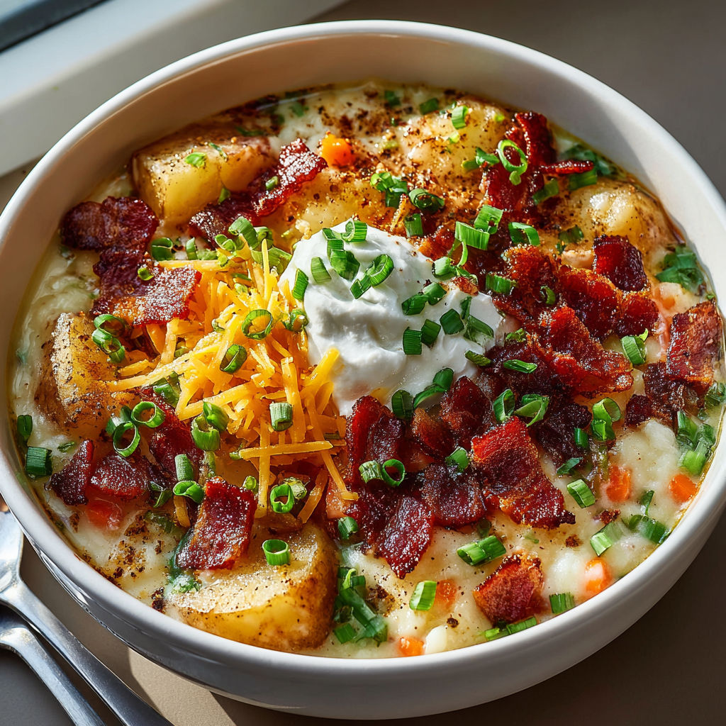 A bowl of soup with bacon and cheese.