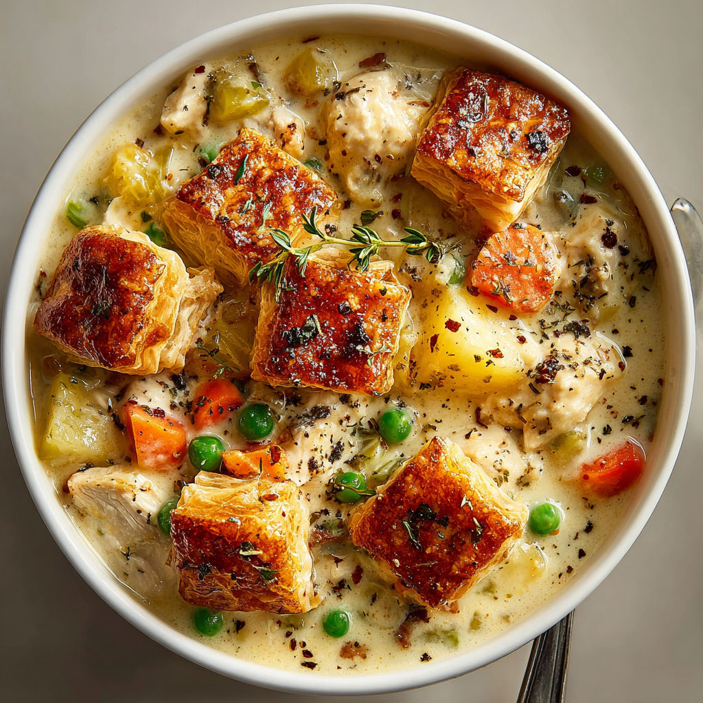 A bowl of soup with chicken, peas, and potatoes.