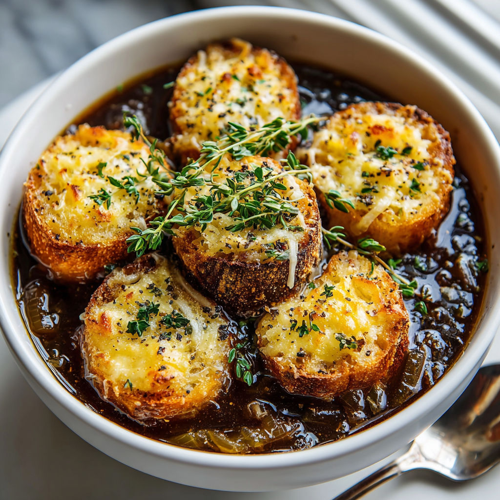 A bowl of French onion soup with croutons.