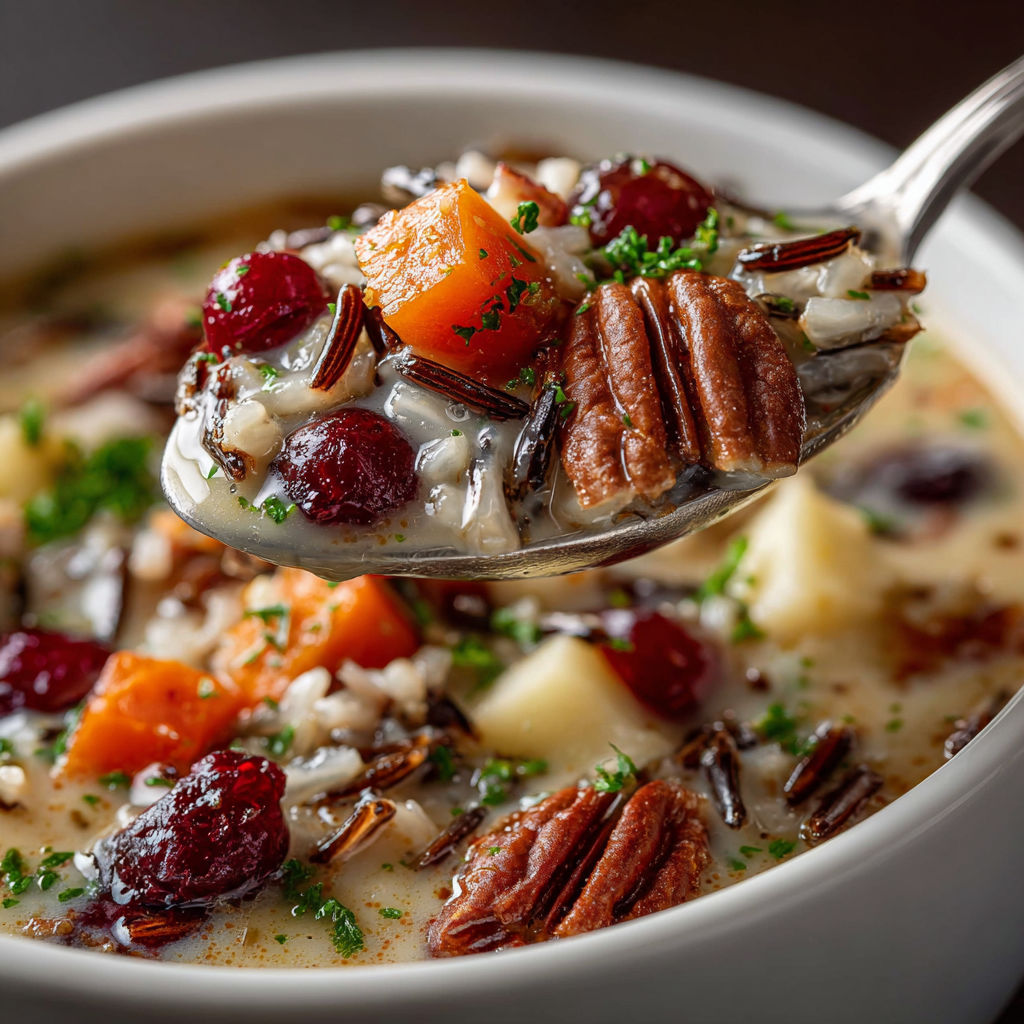 A spoon is in a bowl of soup.