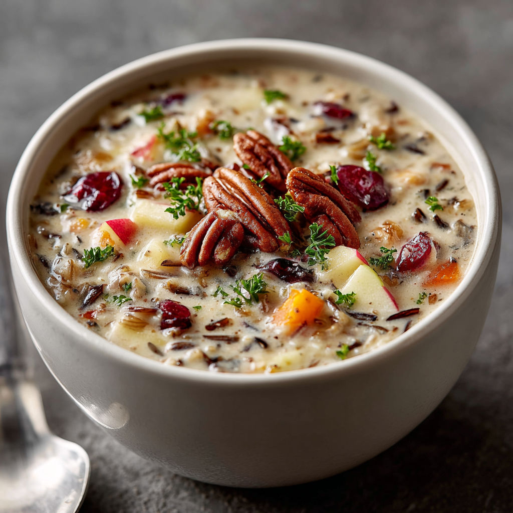 A bowl of soup with cranberries and rice.