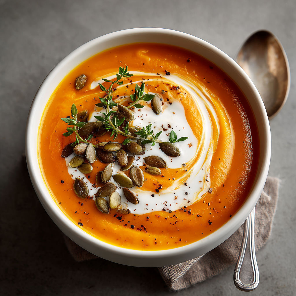 A bowl of soup with a spoon in it.