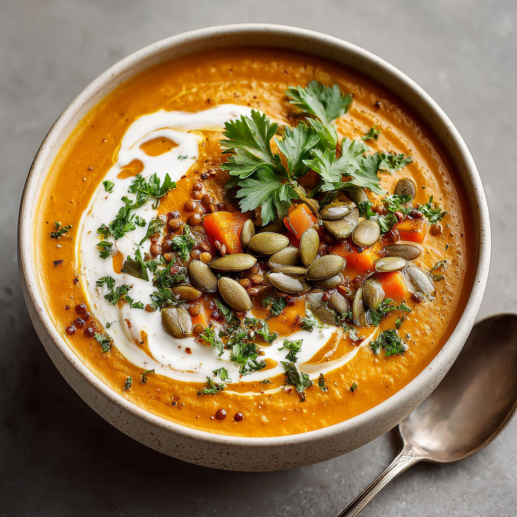 A bowl of pumpkin spice lentil soup with a spoon in it.