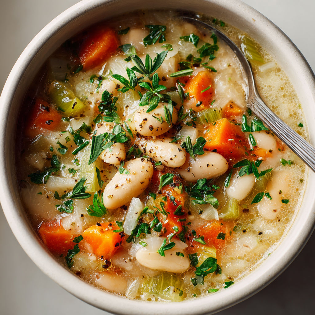 A bowl of soup with sage and rosemary.