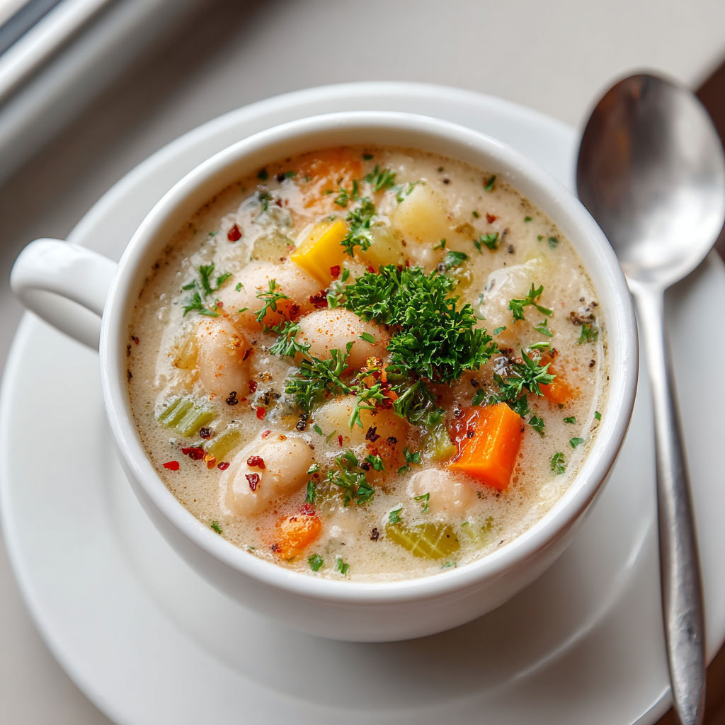 A bowl of soup with a spoon in it.