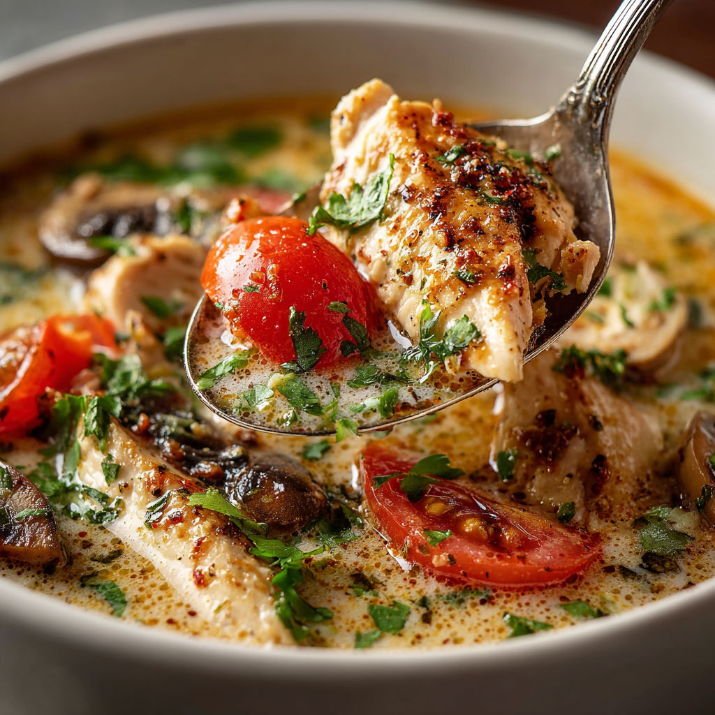 A spoon is in a bowl of soup.