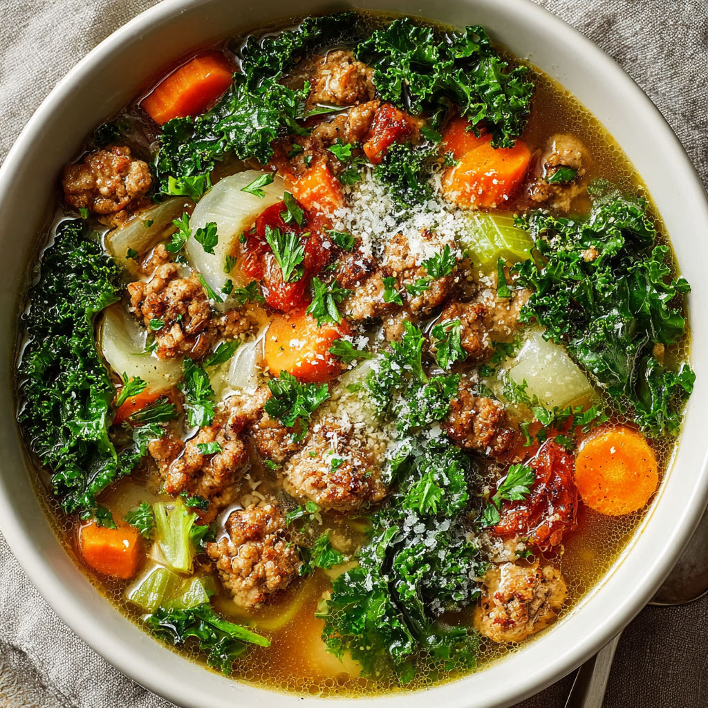 A bowl of soup with meat and vegetables.