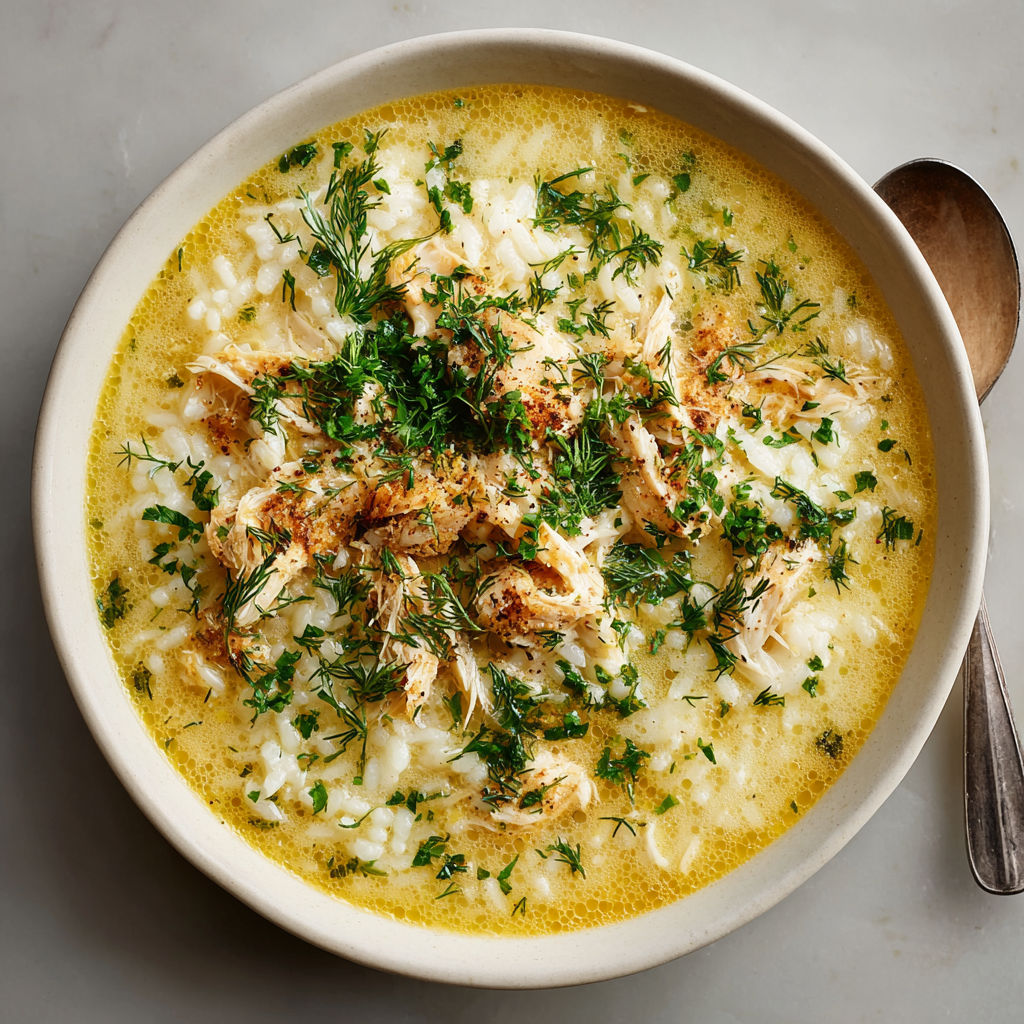 A bowl of soup with rice and chicken.