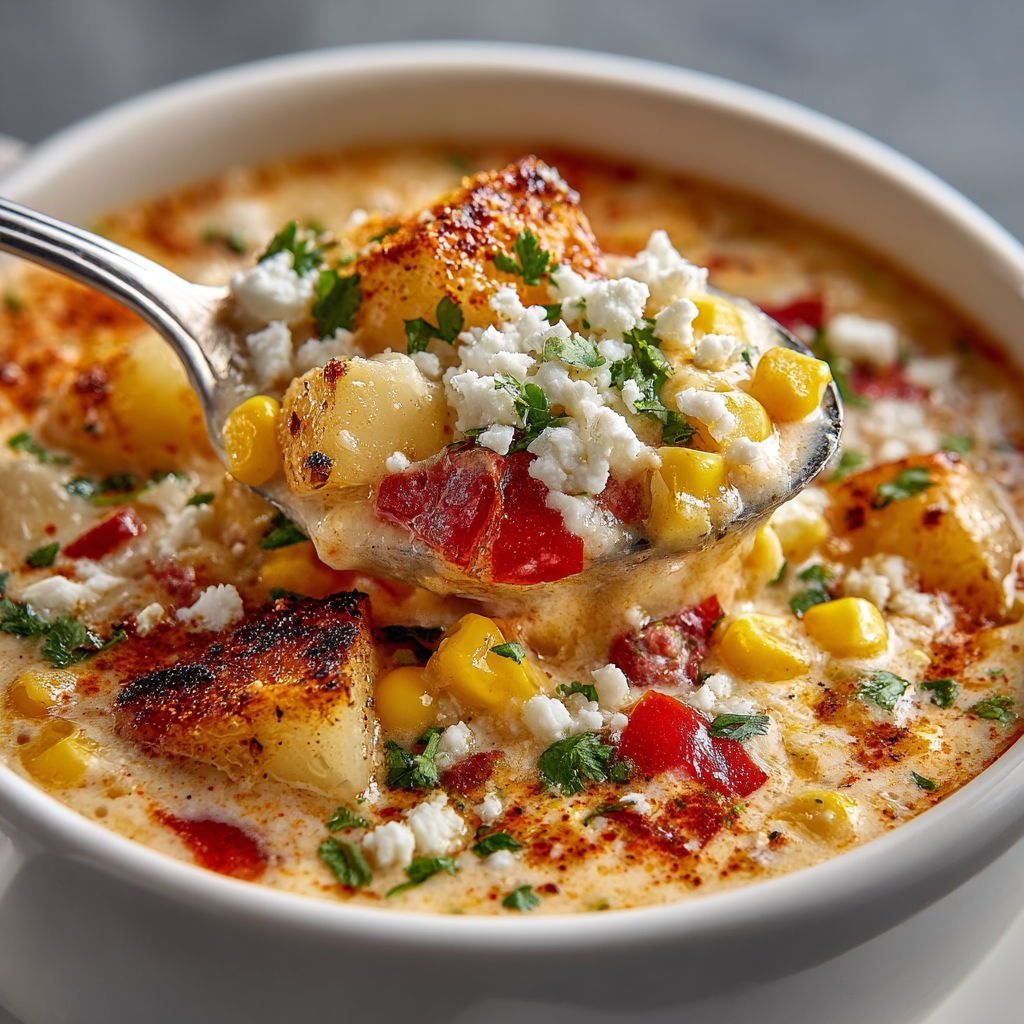 A bowl of Mexican street corn chowder.