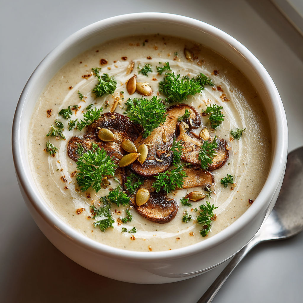 A bowl of soup with mushrooms and cauliflower.