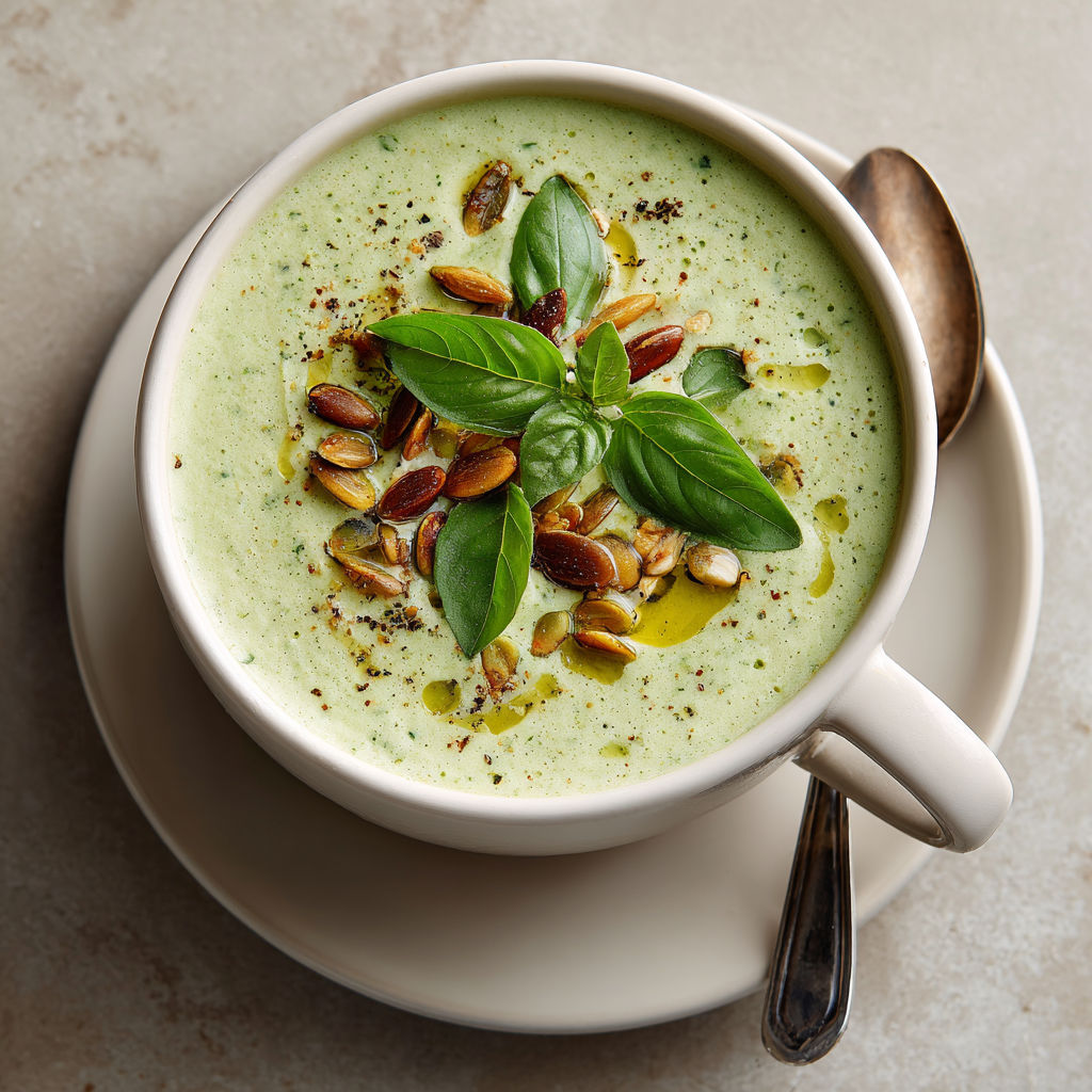 A cup of soup with basil and coconut.