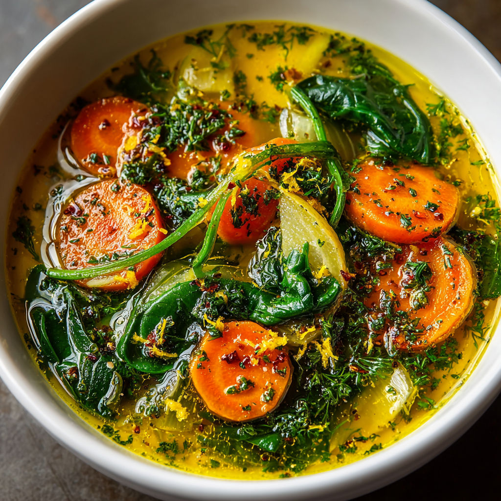A bowl of soup with carrots, greens, and ginger.