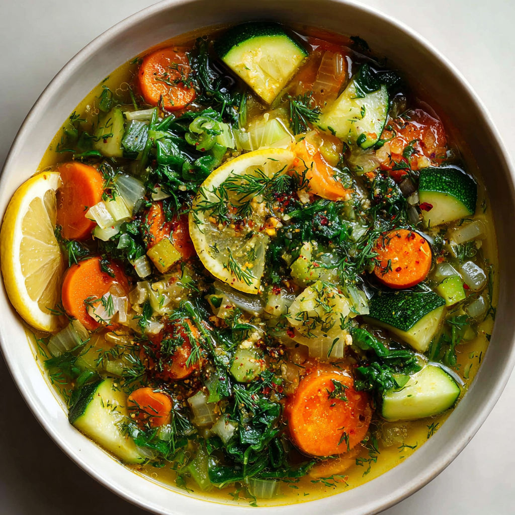 A bowl of soup with vegetables and a lemon wedge.
