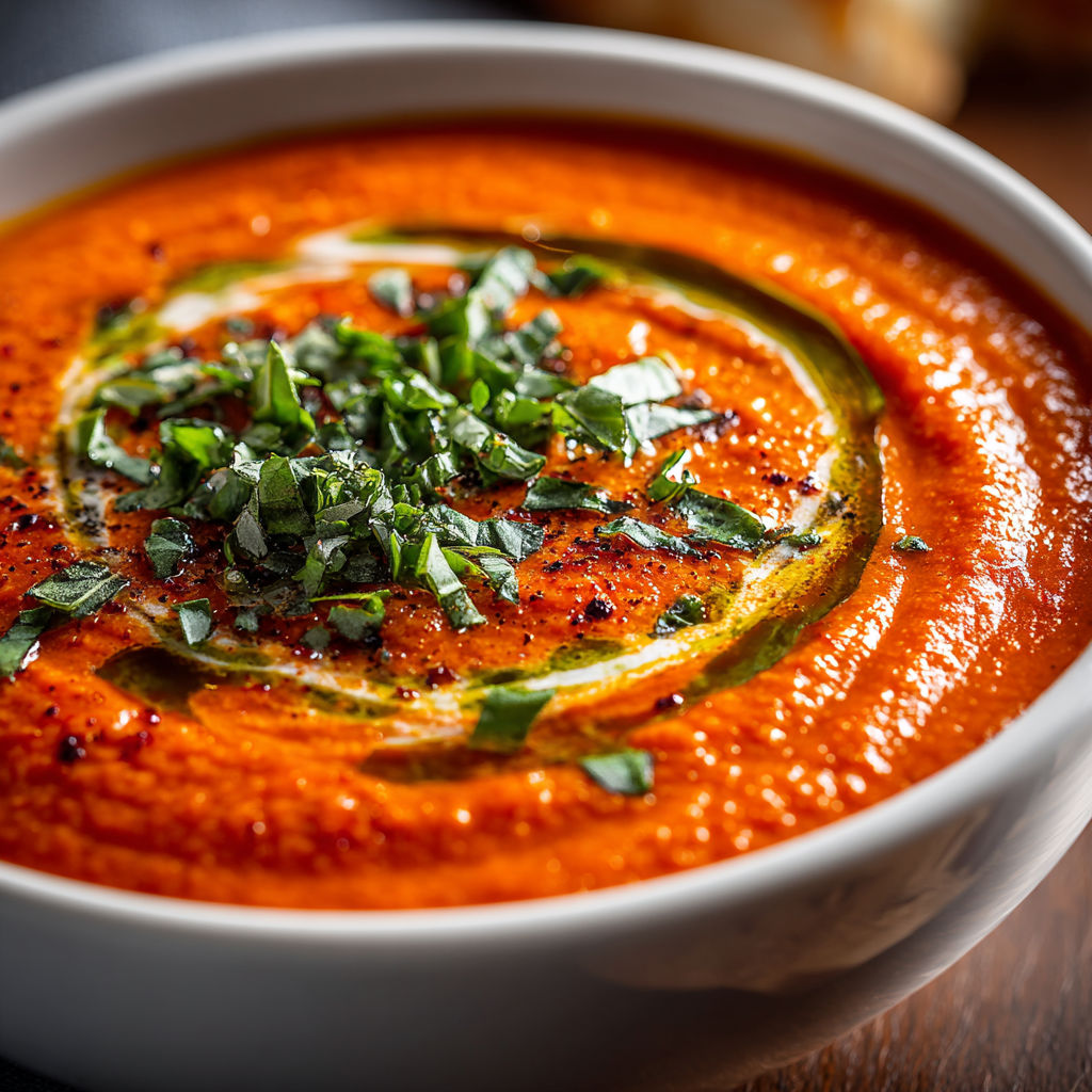 A bowl of soup with green herbs on top.