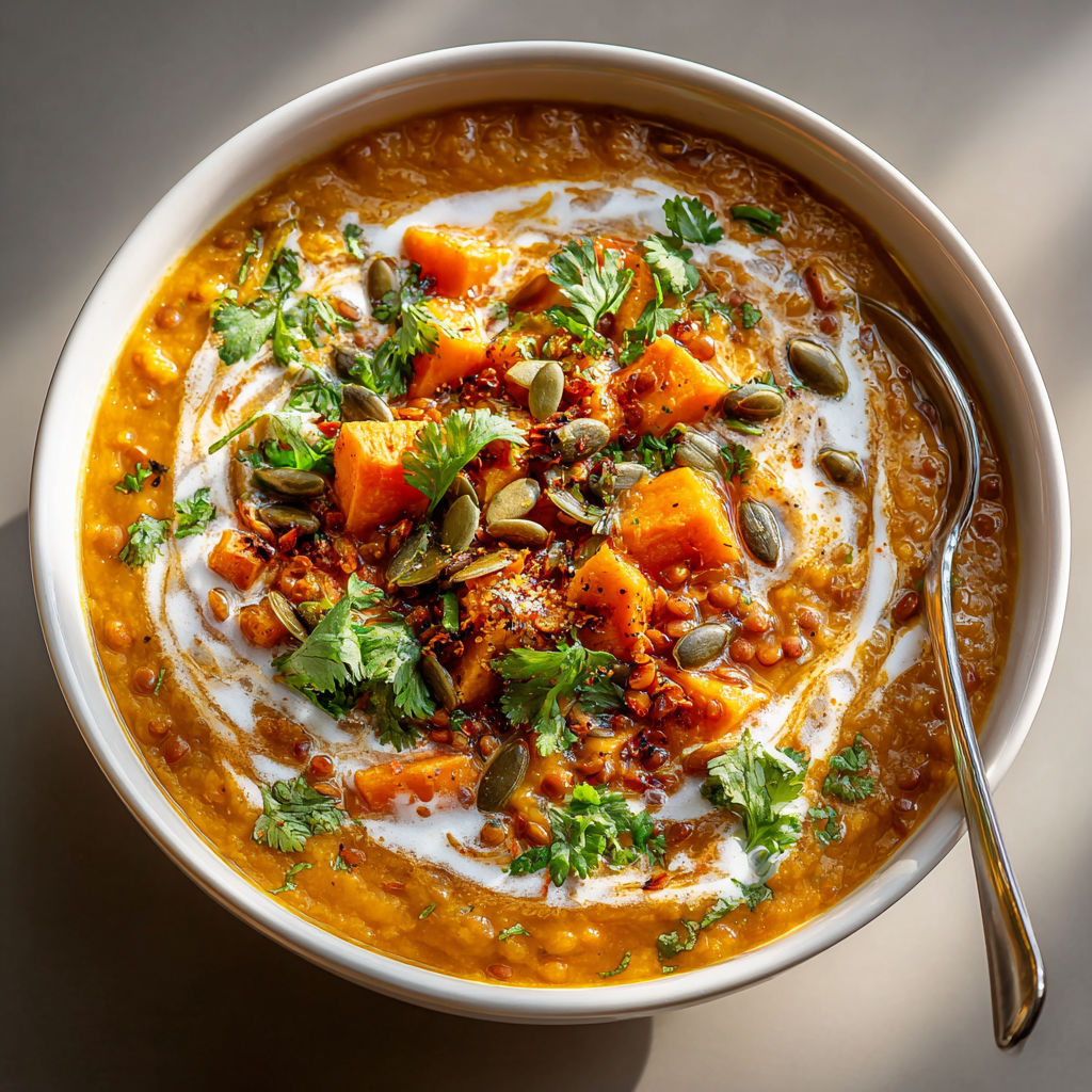 A bowl of spiced sweet potato and lentil soup.
