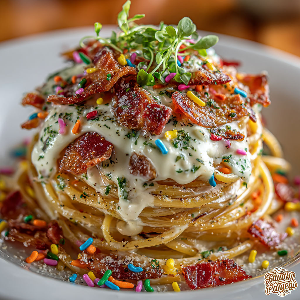 A tower of pasta with bacon and cheese on top.