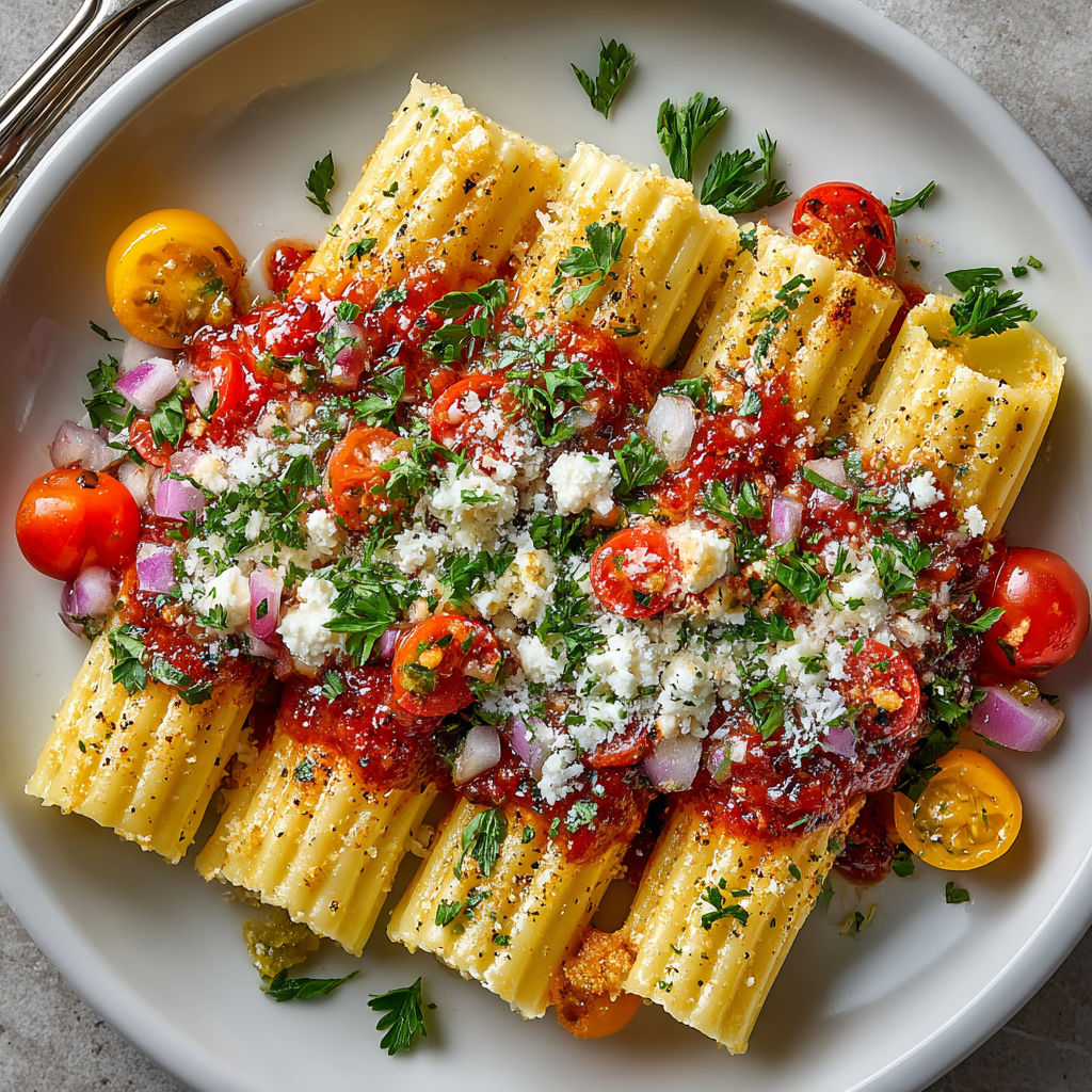 A plate of pasta with tomatoes and cheese.