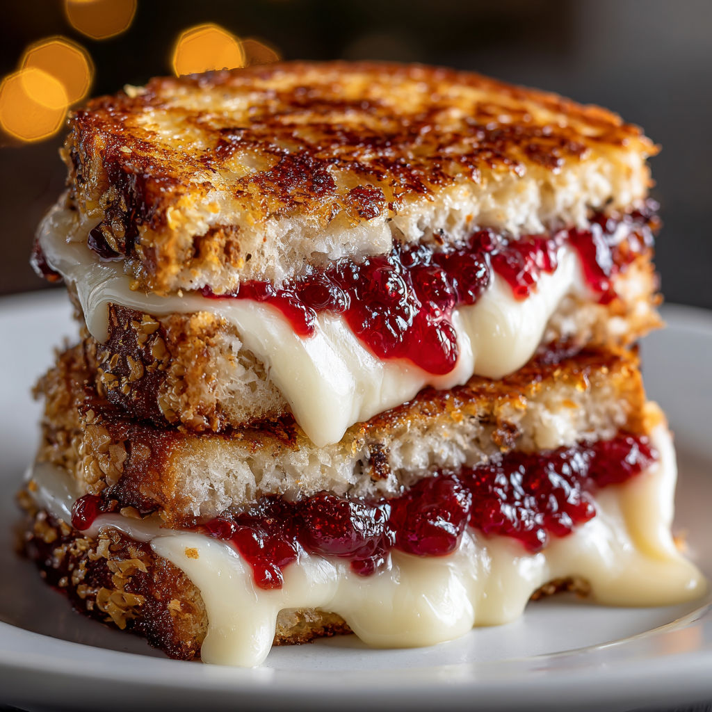 A stack of grilled cheese sandwiches with cherries and cranberries.