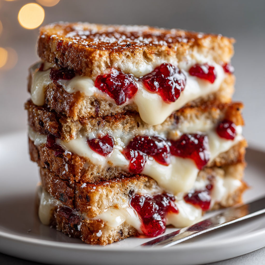 A stack of sandwiches with white cheese and red berries.