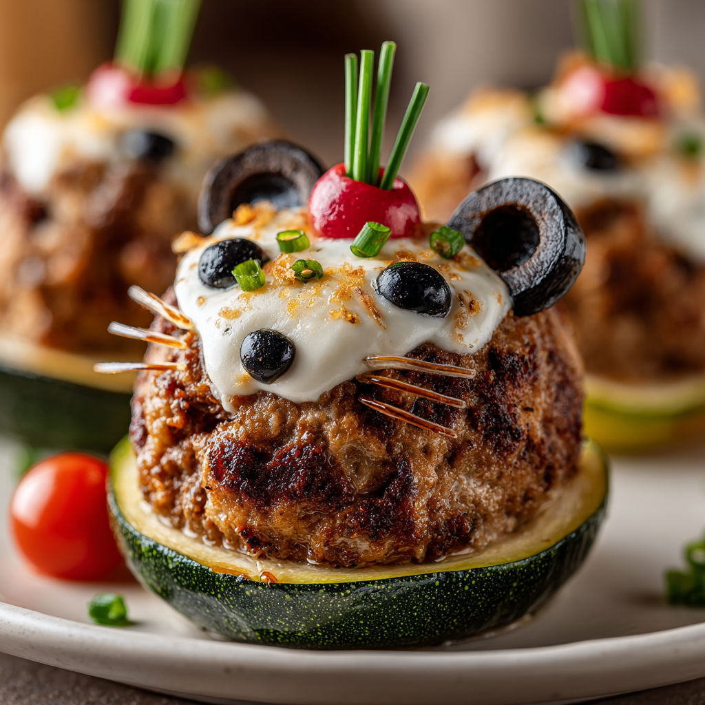 A plate of food with a stuffed zucchini boat and a rat cake.