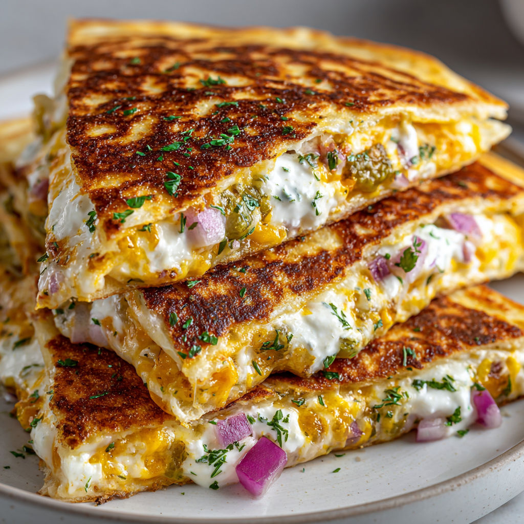 A stack of grilled cheese sandwiches with pickles.