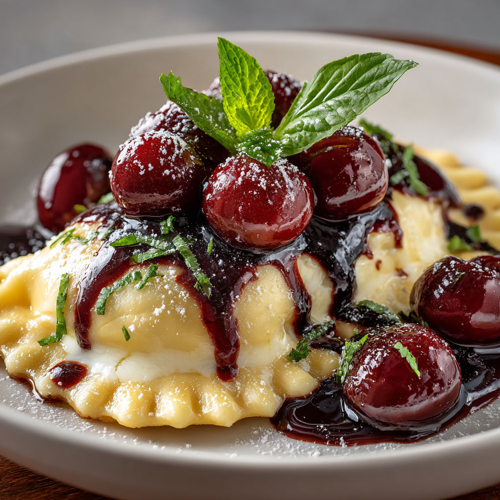 A plate of food with cherries on top.