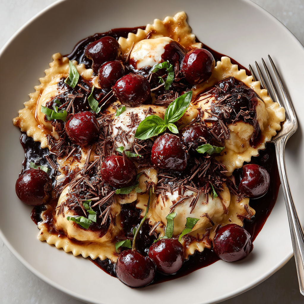A plate of food with cherries and chocolate.