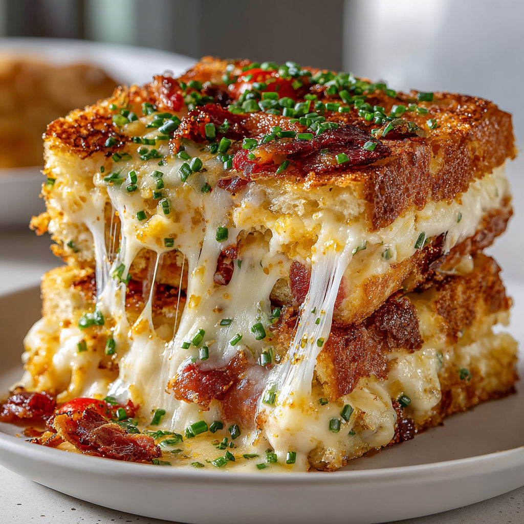 A close up of a grilled cheese sandwich with bacon and herbs.
