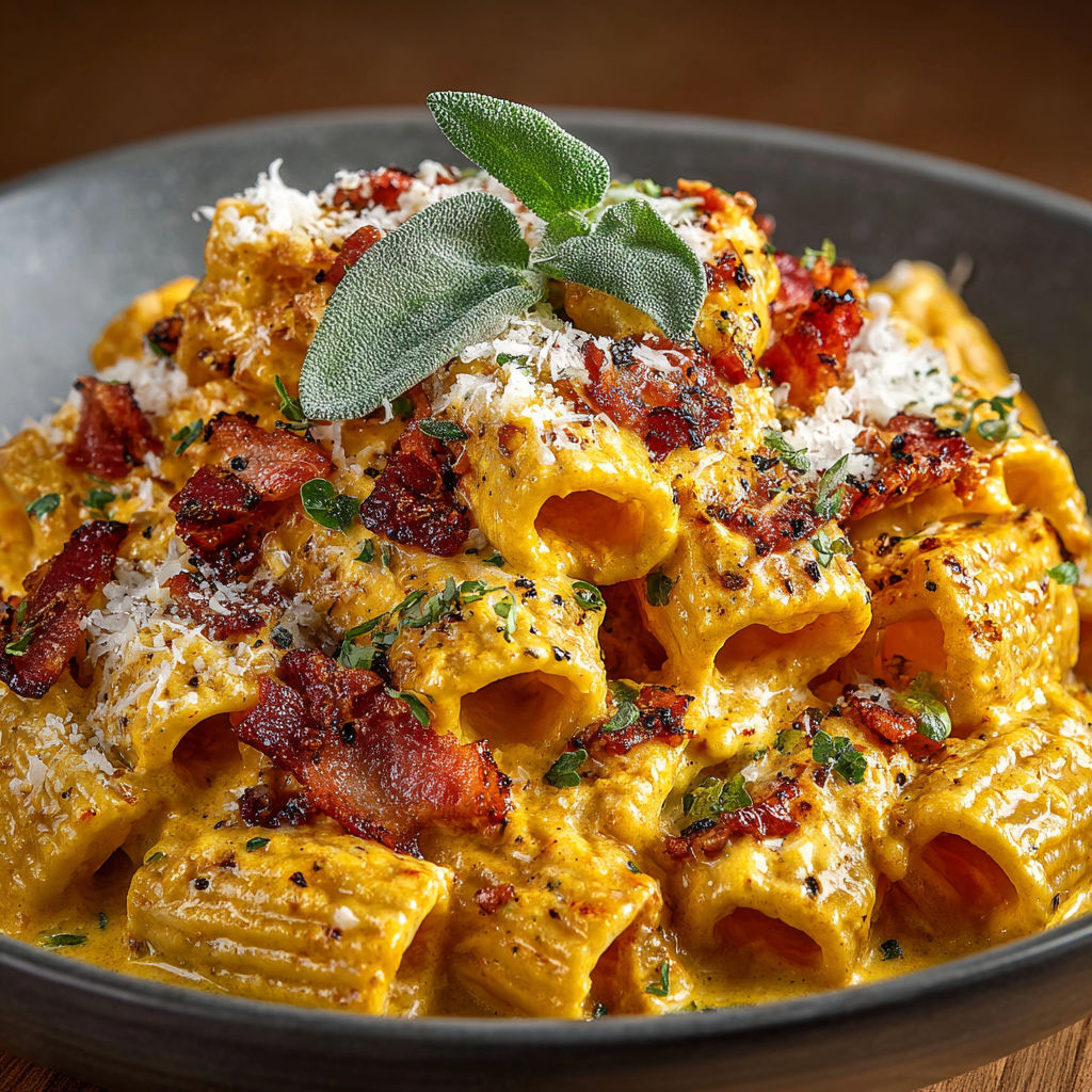 A bowl of pasta with pancetta and sage.