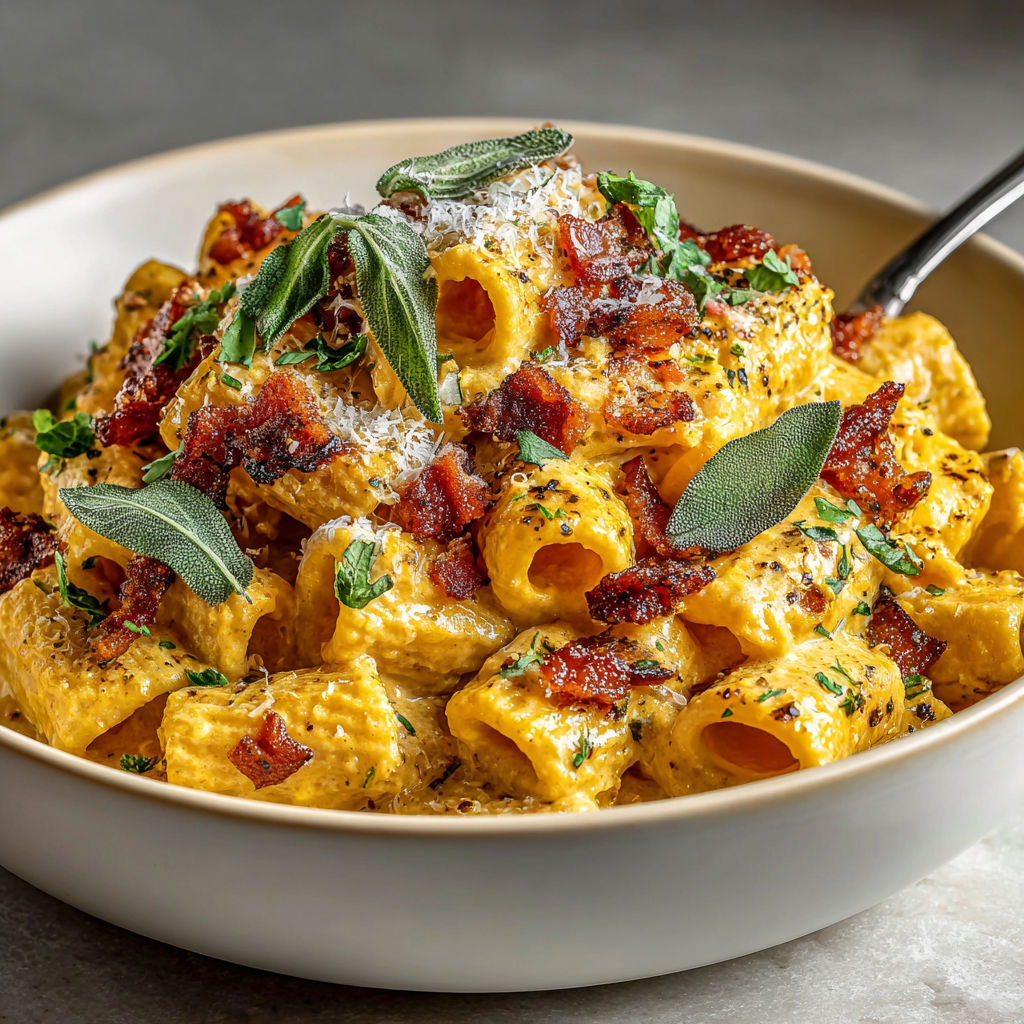 A bowl of pasta with bacon and cheese.