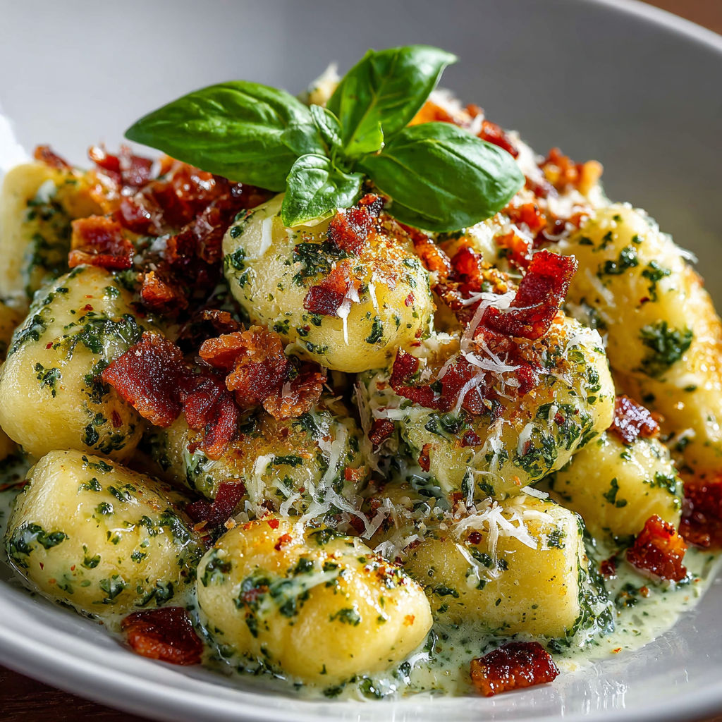 A bowl of pasta with pesto sauce and pancetta.