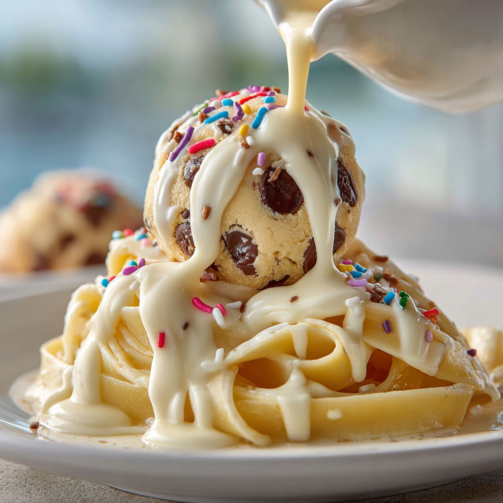 A plate of pasta with a cookie dough topping.