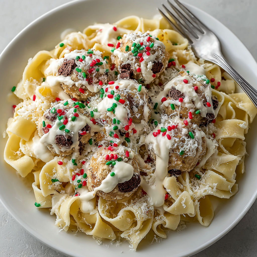 A plate of pasta with cookie dough balls on top.